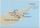 Pohjois-Kyproksen turkkilaisen tasavallan aluetta ja välimatkoja kartalla